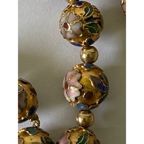 Vintage Hand-Painted Cloisonné Beaded Necklace With Gold Accents - Floral Design - Picture 3 of 7